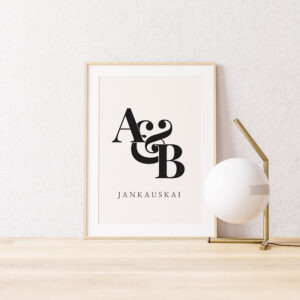 Personalizuotas plakatas „Juodos spalvos inicialai ir pavardė“